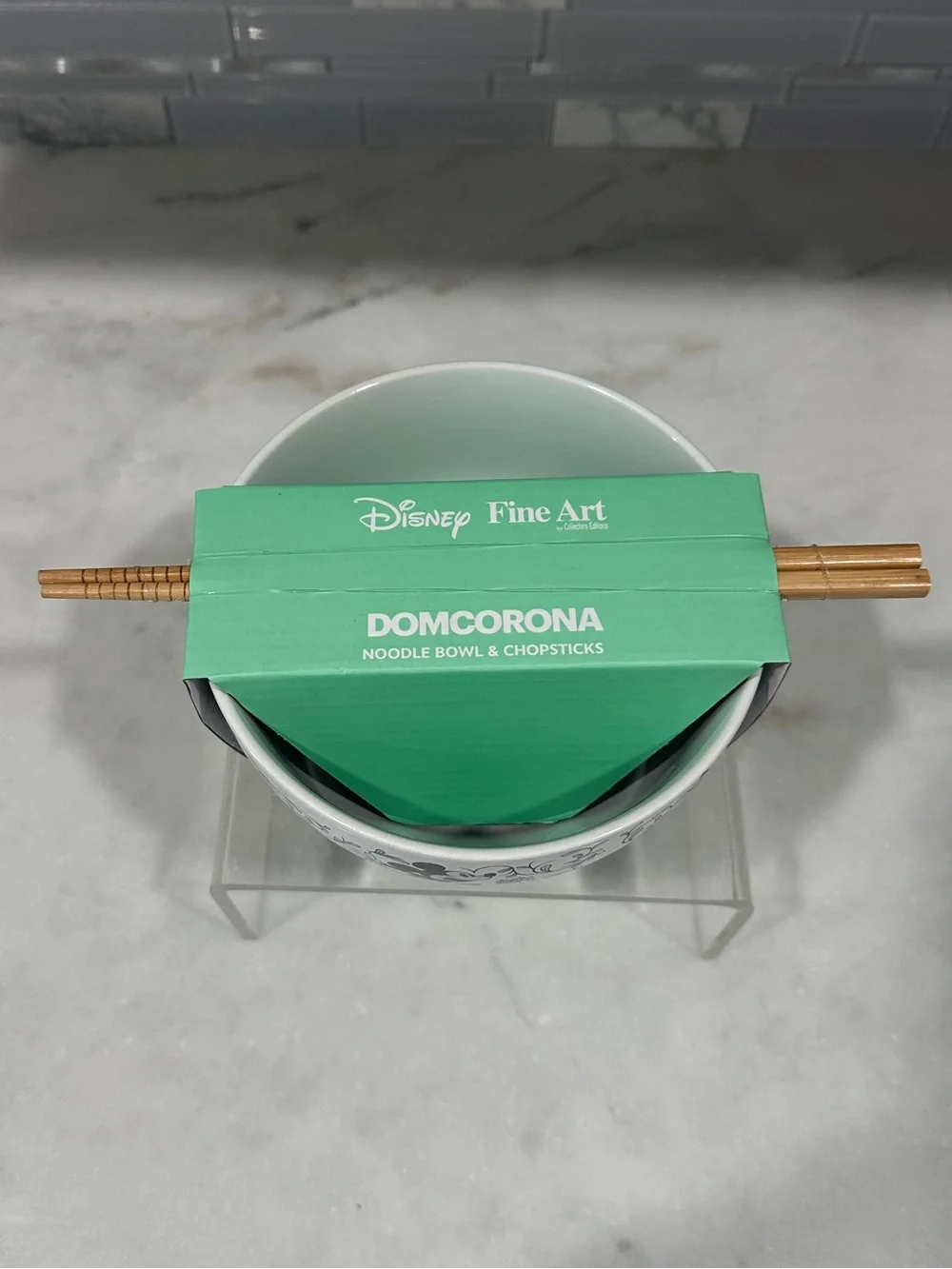 Disney Mickey Mouse Blue Floral Ceramic Noodle Bowl with Chopsticks Set NIB